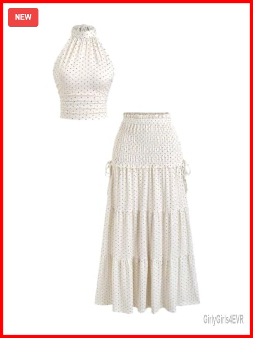 Women's Polka Dots 2 Piece Skirt Set Ruched Halter Top Ruffle Maxi Skirt